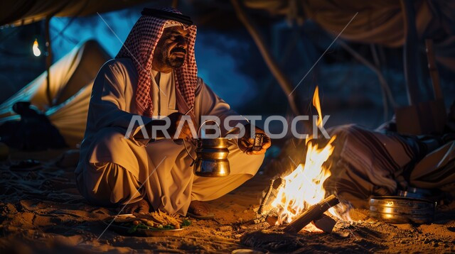 التخييم في صحاري المملكة العربية السعودية, مخيمات سياحية في المناطق البرية، كشتة و جلسة بر شبابية، رجل عربي خليجي سعودي يرتدي الشماغ والثوب التقليدي يجلس امام خيمة بدوية شعبية مضاءة بموقد نار من الحطب