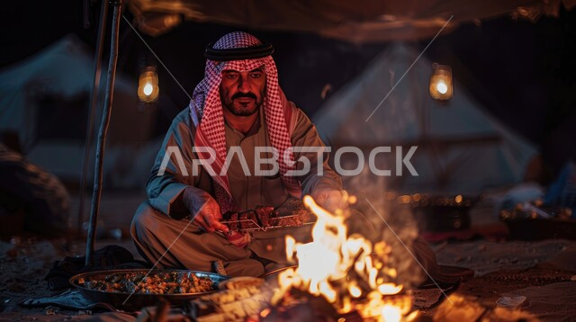 التخييم في صحاري المملكة العربية السعودية, مخيمات سياحية في المناطق البرية، كشتة و جلسة بر شبابية، رجل عربي خليجي سعودي يرتدي الشماغ والثوب التقليدي يجلس امام خيمة بدوية شعبية مضاءة بموقد نار من الحطب