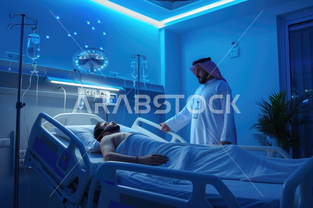 مفهوم زيارة المرضى وتقديم الدعم اللازم, رجل عربي خليجي سعودي يرتدي الثوب التقليدي يقوم بزيارة مريض مستلقي على سرير في المستشفى, القطاع الطبي والصحي في مستشفيات المملكة العربية السعودية