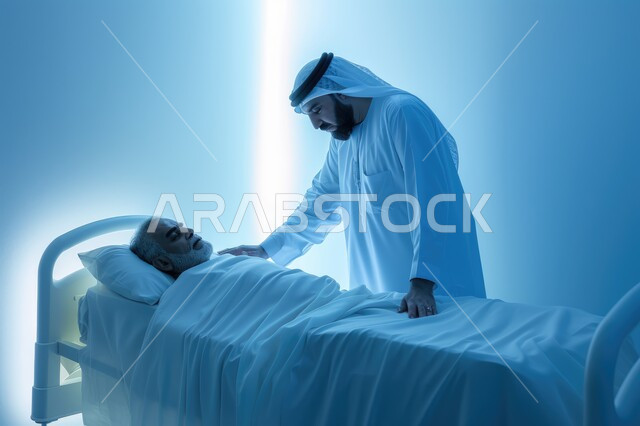 مفهوم زيارة المرضى وتقديم الدعم اللازم, رجل عربي خليجي سعودي يرتدي الثوب التقليدي يقوم بزيارة مريض مستلقي على سرير في المستشفى, القطاع الطبي والصحي في مستشفيات المملكة العربية السعودية