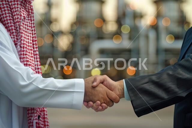 الشراكة في الأعمال والمشاريع الهندسية، صداقات وتعارف وبناء علاقات اجتماعية، عقد صفقات عمل جديدة ناجحة بين رجال الأعمال، صورة مقربة لايدي رجلان سعوديان يرتديان الزي التقليدي يقومان بمصافحة بعضهما، توسيع مجالات العمل
