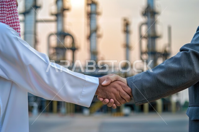 الشراكة في الأعمال والمشاريع الهندسية، صداقات وتعارف وبناء علاقات اجتماعية، عقد صفقات عمل جديدة ناجحة بين رجال الأعمال، صورة مقربة لايدي رجلان سعوديان يرتديان الزي التقليدي يقومان بمصافحة بعضهما، توسيع مجالات العمل