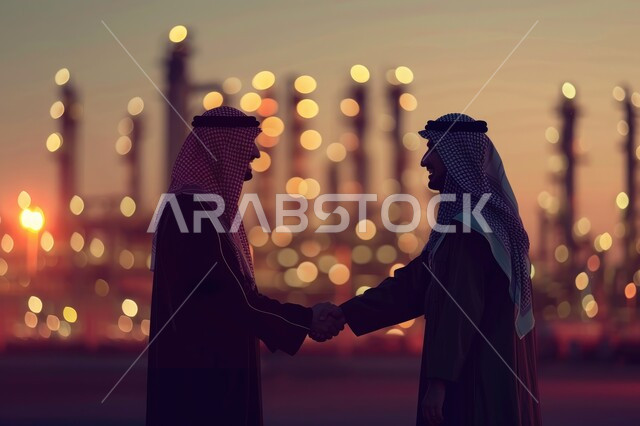 الشراكة في الأعمال والمشاريع الهندسية، صداقات وتعارف وبناء علاقات اجتماعية، عقد صفقات عمل جديدة ناجحة بين رجال الأعمال، صورة مقربة لرجلان عربيان سعوديان خليجيان يرتديان الزي التقليدي يقومان بمصافحة بعضهما ليلا، توسيع مجالات العمل