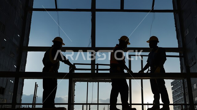 The concept of teamwork and cooperation in performing tasks, construction of buildings and large projects, construction, contracting and real estate development works, establishment of foundations and structures for residential projects and factories, silhouette of a group of Saudi Gulf Arab workers and engineers working on a construction site