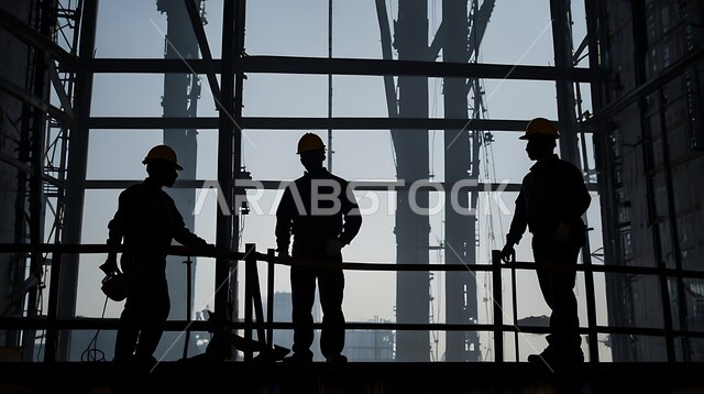 Construction of buildings and mega projects, the concept of teamwork and cooperation in performing tasks, construction, contracting and real estate development works, establishing foundations and structures for residential projects and factories, a silhouette of a group of Saudi Arabian Gulf workers working on a construction site