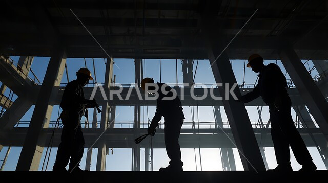 The concept of teamwork and cooperation in performing tasks, construction of buildings and large projects, construction, contracting and real estate development works, establishment of foundations and structures for residential projects and factories, silhouette of a group of Saudi Gulf Arab workers and engineers working on a construction site