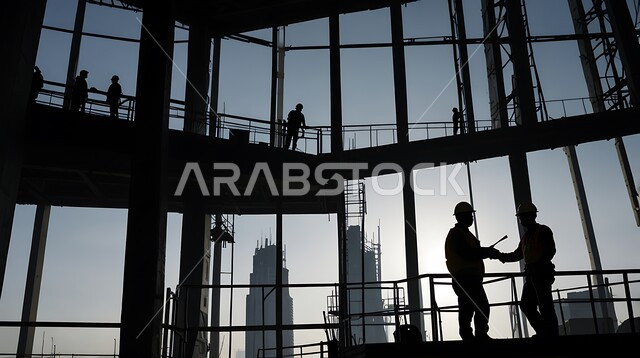 Establishing foundations and structures for residential projects and factories, construction, contracting and real estate development works, building construction and mega projects, concept of teamwork and cooperation in performing tasks, silhouette of a group of Saudi Arabian Gulf workers working on a construction site