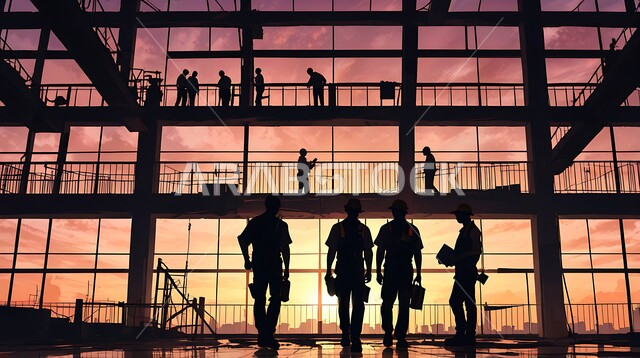 Construction of buildings and mega projects, the concept of teamwork and cooperation in performing tasks, construction, contracting and real estate development works, establishing foundations and structures for residential projects and factories, a silhouette of a group of Saudi Arabian Gulf workers working on a construction site