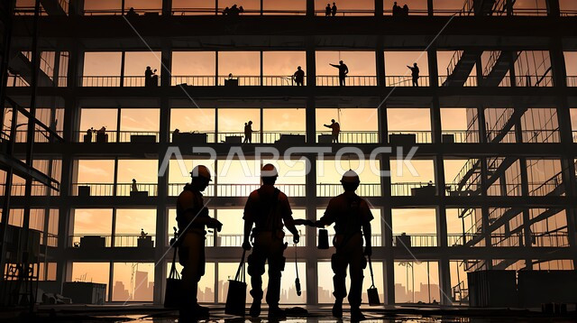 Construction, contracting and real estate development, building construction and mega projects, concept of teamwork and cooperation in performing tasks, construction of foundations and structures for residential projects and factories, silhouette of a group of Saudi Arabian Gulf workers working on a construction site
