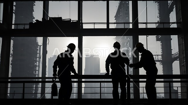 The concept of teamwork and cooperation in performing tasks, construction of buildings and large projects, construction, contracting and real estate development works, establishment of foundations and structures for residential projects and factories, silhouette of a group of Saudi Gulf Arab workers and engineers working on a construction site
