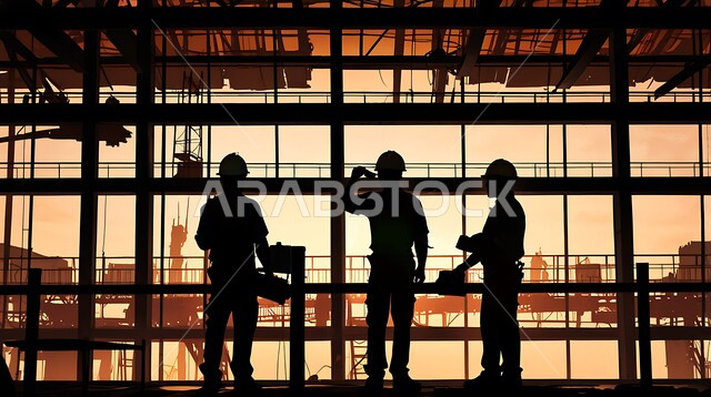 تشييد المباني والمشاريع الضخمة، مفهوم العمل الجماعي والتعاون في أداء المهام، أعمال البناء والمقاولات والتطوير العقاري، إنشاء الأساسات والهياكل للمشروعات السكنية والمصانع، صورة ظلية لمجموعة من العمال العرب الخليجيين السعوديين يعملون في موقع البناء