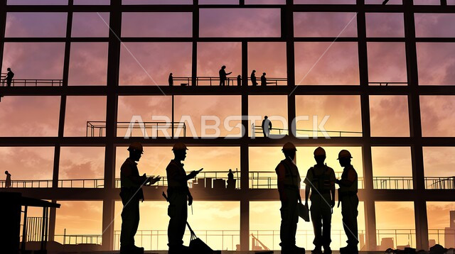 إنشاء الأساسات والهياكل للمشروعات السكنية والمصانع، أعمال البناء والمقاولات والتطوير العقاري، تشييد المباني والمشاريع الضخمة، مفهوم العمل الجماعي والتعاون في أداء المهام، صورة ظلية لمجموعة من العمال العرب الخليجيين السعوديين يعملون في موقع البناء