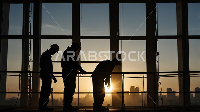 Construction, contracting and real estate development, building construction and mega projects, concept of teamwork and cooperation in performing tasks, construction of foundations and structures for residential projects and factories, silhouette of a group of Saudi Arabian Gulf workers working on a construction site