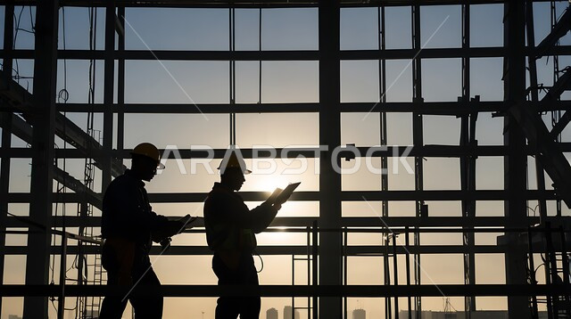 مهن ووظائف هندسية، الإشراف على سير خطة العمل، إنشاء الأساسات والهياكل للمشروعات السكنية، أعمال البناء والمقاولات والتطوير العقاري، تشييد المباني والمشاريع الضخمة، صورة ظلية لمهندسين عربيين خليجيين سعوديين يرتديان البدلة وخوذة الحماية يعملان في موقع البناء