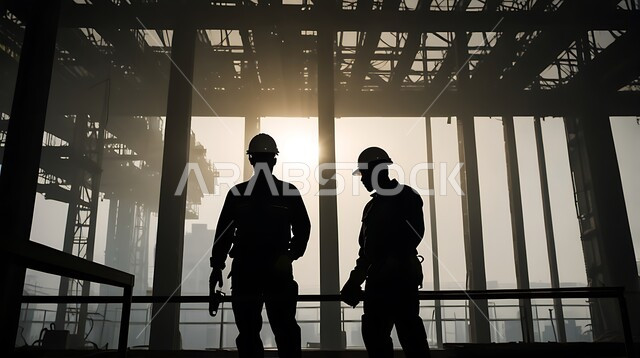 الإشراف على سير خطة العمل، مهن ووظائف هندسية، إنشاء الأساسات والهياكل للمشروعات السكنية، أعمال البناء والمقاولات والتطوير العقاري، تشييد المباني والمشاريع الضخمة، صورة ظلية لمهندسين عربيين خليجيين سعوديين يرتديان البدلة وخوذة الحماية يعملان في موقع البناء