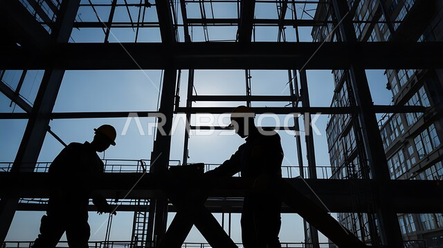 الإشراف على سير خطة العمل، مهن ووظائف هندسية، إنشاء الأساسات والهياكل للمشروعات السكنية، أعمال البناء والمقاولات والتطوير العقاري، تشييد المباني والمشاريع الضخمة، صورة ظلية لمهندسين عربيين خليجيين سعوديين يرتديان البدلة وخوذة الحماية يعملان في موقع البناء
