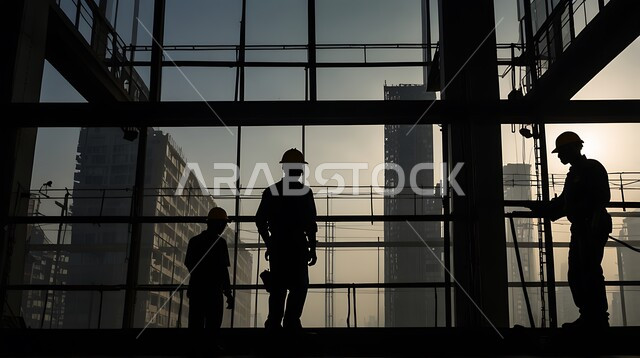 The concept of teamwork and cooperation in performing tasks, construction of buildings and large projects, construction, contracting and real estate development works, establishment of foundations and structures for residential projects and factories, silhouette of a group of Saudi Gulf Arab workers and engineers working on a construction site