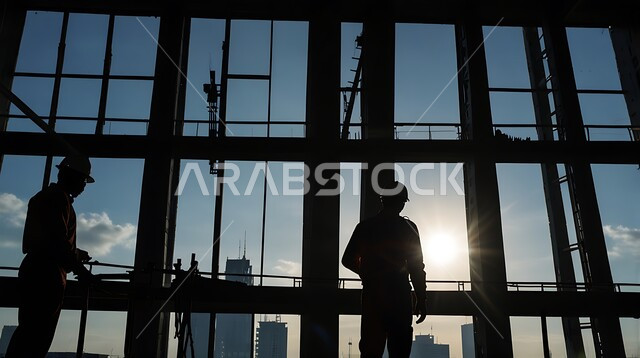 مهن ووظائف هندسية، الإشراف على سير خطة العمل، إنشاء الأساسات والهياكل للمشروعات السكنية، أعمال البناء والمقاولات والتطوير العقاري، تشييد المباني والمشاريع الضخمة، صورة ظلية لمهندسين عربيين خليجيين سعوديين يرتديان البدلة وخوذة الحماية يعملان في موقع البناء