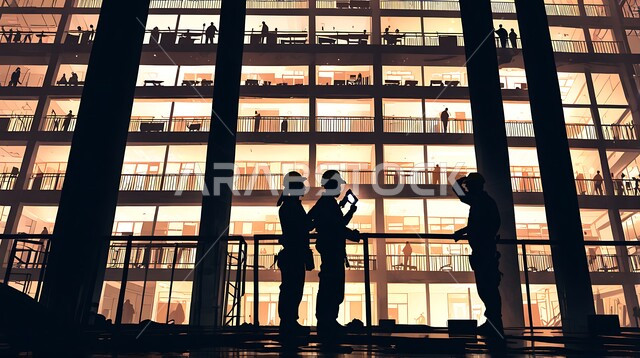 إنشاء الأساسات والهياكل للمشروعات السكنية، التعاون في أداء المهام، أعمال البناء والمقاولات والتطوير العقاري، تشييد المباني والمشاريع الضخمة، صورة ظلية لمجموعة من العمال العرب الخليجيين السعوديين يعملون في موقع البناء