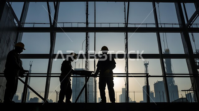التعاون في أداء المهام، إنشاء الأساسات والهياكل للمشروعات السكنية، أعمال البناء والمقاولات والتطوير العقاري، تشييد المباني والمشاريع الضخمة، صورة ظلية لمجموعة من العمال العرب الخليجيين السعوديين يعملون في موقع البناء