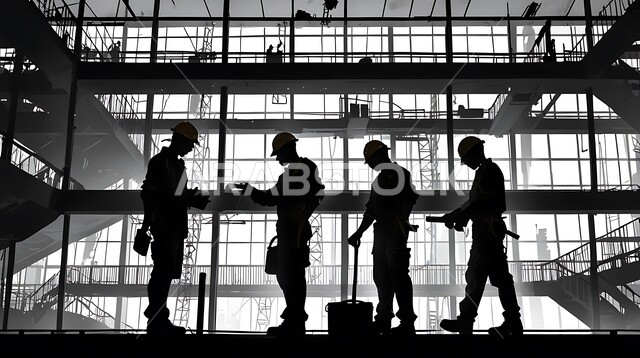 أعمال البناء والمقاولات والتطوير العقاري، تشييد المباني والمشاريع الضخمة، مفهوم العمل الجماعي والتعاون في أداء المهام، إنشاء الأساسات والهياكل للمشروعات السكنية والمصانع، صورة ظلية لمجموعة من العمال العرب الخليجيين السعوديين يعملون في موقع البناء