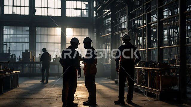 Cooperation in performing tasks, establishing foundations and structures for residential projects, construction, contracting and real estate development works, building construction and mega projects, silhouette of a group of Saudi Arabian Gulf workers working on a construction site