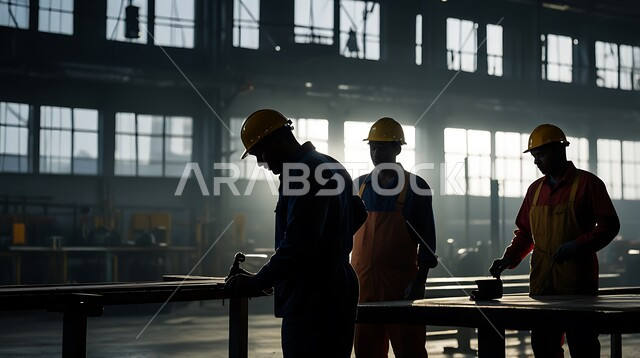 مهن ووظائف سعودية، جودة الانتاج والتصنيع، تحقيق الثورة الصناعية، صورة ظلية لمجموعة من المهندسين العرب السعوديين الخليجيين يرتدون ملابس العمل وخوذة الحماية يتابعان سير أعمال المصنع، مناقشة تطوير الية الانتاج