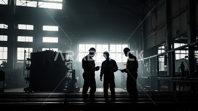 جودة الانتاج والتصنيع، تحقيق الثورة الصناعية، مهن ووظائف سعودية، صورة ظلية لمجموعة من المهندسين العرب السعوديين الخليجيين يرتدون ملابس العمل وخوذة الحماية يتابعان سير أعمال المصنع، مناقشة تطوير الية الانتاج