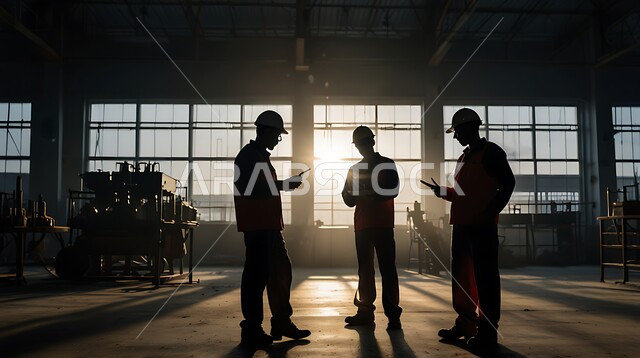 مناقشة تطوير الية الانتاج، مهن ووظائف سعودية، جودة الانتاج والتصنيع، تحقيق الثورة الصناعية، صورة ظلية لمجموعة من المهندسين العرب السعوديين الخليجيين يرتدون ملابس العمل وخوذة الحماية يتابعان سير أعمال المصنع