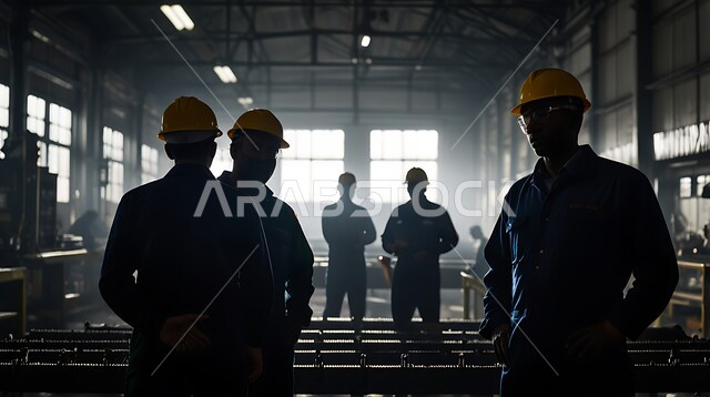 جودة الانتاج والتصنيع، تحقيق الثورة الصناعية، مهن ووظائف سعودية، صورة ظلية لمجموعة من المهندسين العرب السعوديين الخليجيين يرتدون ملابس العمل وخوذة الحماية يتابعان سير أعمال المصنع، مناقشة تطوير الية الانتاج