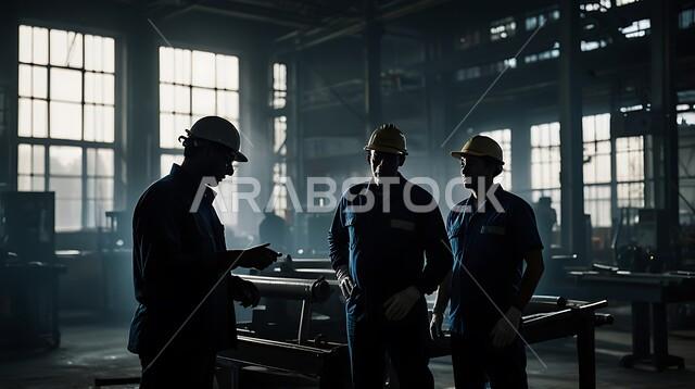 Achieving the industrial revolution, Saudi professions and jobs, silhouette of a group of Saudi Arabian Gulf engineers wearing work clothes and protective helmets following up on the progress of factory work, quality of production and manufacturing, discussing the development of the production mechanism