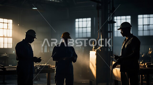 مناقشة تطوير الية الانتاج، مهن ووظائف سعودية، جودة الانتاج والتصنيع، تحقيق الثورة الصناعية، صورة ظلية لمجموعة من المهندسين العرب السعوديين الخليجيين يرتدون ملابس العمل وخوذة الحماية يتابعان سير أعمال المصنع