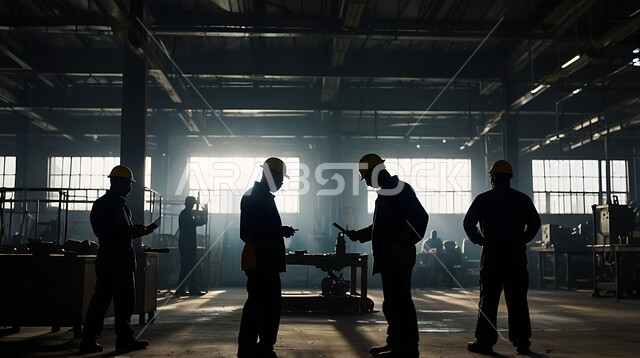 جودة الانتاج والتصنيع، تحقيق الثورة الصناعية، مهن ووظائف سعودية، صورة ظلية لمجموعة من المهندسين العرب السعوديين الخليجيين يرتدون ملابس العمل وخوذة الحماية يتابعان سير أعمال المصنع، مناقشة تطوير الية الانتاج