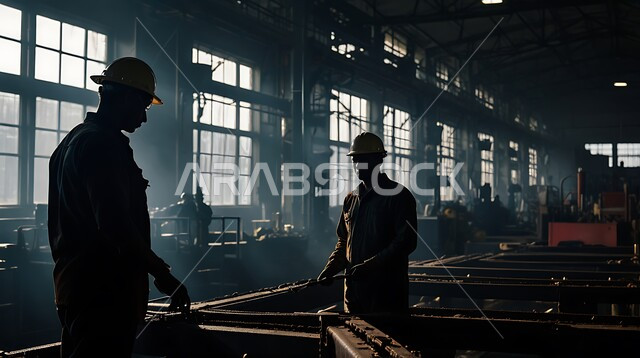 تحقيق الثورة الصناعية، جودة الانتاج والتصنيع، مهن ووظائف سعودية، التعاون في أداء المهام، صورة ظلية لمجموعة من المهندسين الصناعيين العرب السعوديين الخليجيين يرتدون ملابس العمل وخوذة الحماية يتابعان سير أعمال المصنع