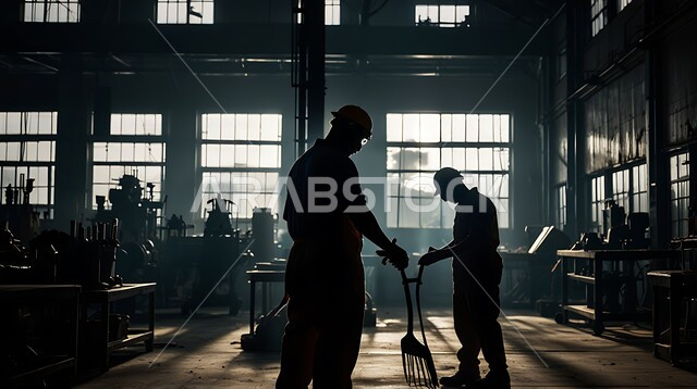 Cooperation in performing tasks, discussing the development of the production mechanism, Saudi professions and jobs, quality of production and manufacturing, achieving the industrial revolution, silhouette of a group of Saudi Arabian Gulf industrial engineers wearing work clothes and protective helmets following the progress of factory work