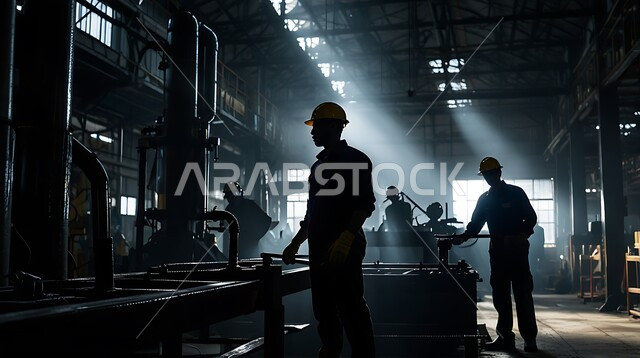 مهن ووظائف سعودية، التعاون في أداء المهام، جودة الانتاج والتصنيع، تحقيق الثورة الصناعية، صورة ظلية لمجموعة من المهندسين الصناعيين العرب السعوديين الخليجيين يرتدون ملابس العمل وخوذة الحماية يتابعان سير أعمال المصنع