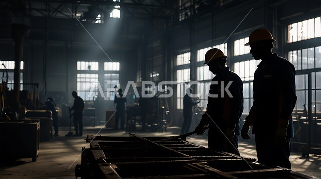 Cooperation in performing tasks, discussing the development of the production mechanism, Saudi professions and jobs, quality of production and manufacturing, achieving the industrial revolution, silhouette of a group of Saudi Arabian Gulf industrial engineers wearing work clothes and protective helmets following the progress of factory work