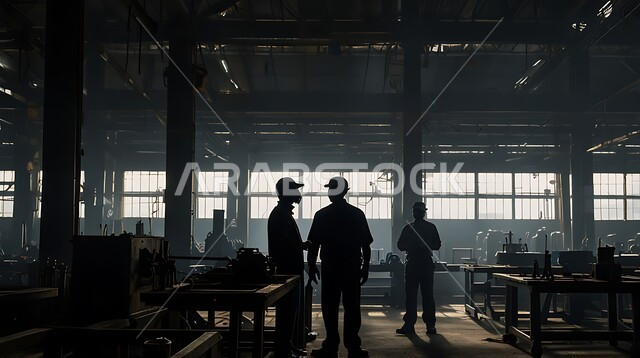 جودة الانتاج والتصنيع، مهن ووظائف سعودية، التعاون في أداء المهام، تحقيق الثورة الصناعية، صورة ظلية لمجموعة من المهندسين الصناعيين العرب السعوديين الخليجيين يرتدون ملابس العمل وخوذة الحماية يتابعان سير أعمال المصنع