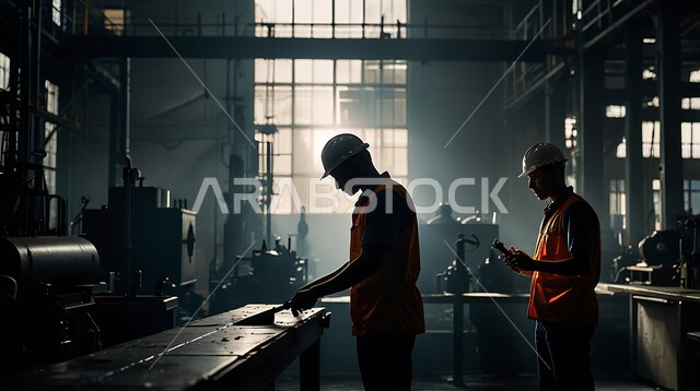 Cooperation in performing tasks, discussing the development of the production mechanism, Saudi professions and jobs, quality of production and manufacturing, achieving the industrial revolution, silhouette of a group of Saudi Arabian Gulf industrial engineers wearing work clothes and protective helmets following the progress of factory work