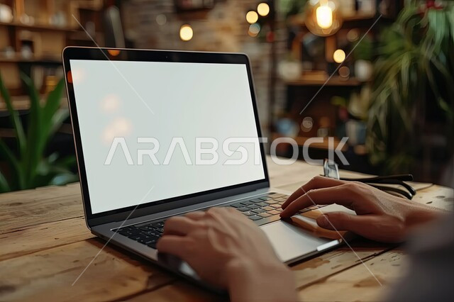 Data entry and typing through the keyboard, integrating work with technology and technology, having the skill of fast typing on the keyboard, a close-up image of the hands of a Saudi Arabian Gulf man working on a laptop, administrative office job tasks