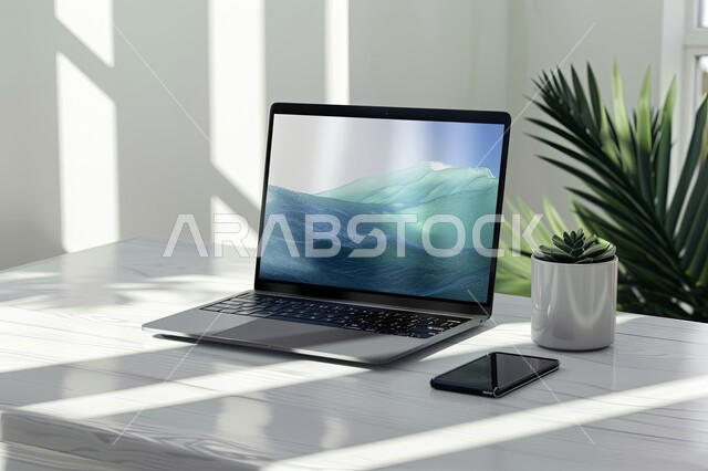 استخدام الاجهزة التقنية الحديثة في المكاتب، مهن ووظائف ادارية، ديكورات وتصاميم وأثاث الغرفة الراقي، مكتب عمل مع طاولة عمل مجهزة باللوازم المكتبية، العمل على الحاسوب المحمول