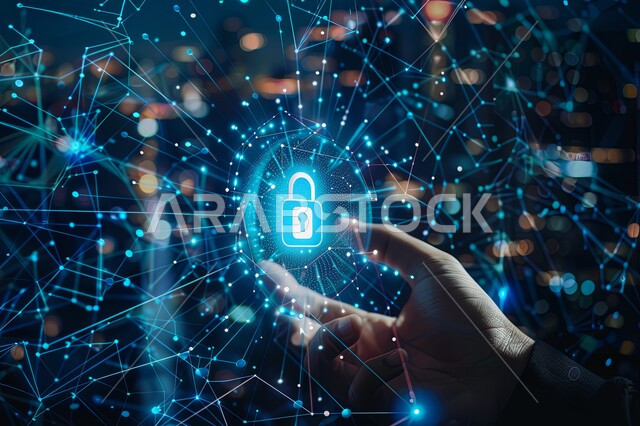 Computer and Internet Icons, Screen Lock Software Development, User Personal Data Protection, IT Security Concept, Close-up of a Saudi Arabian Gulf Man's Hand Pressing a 3D Hologram Lock Icon
