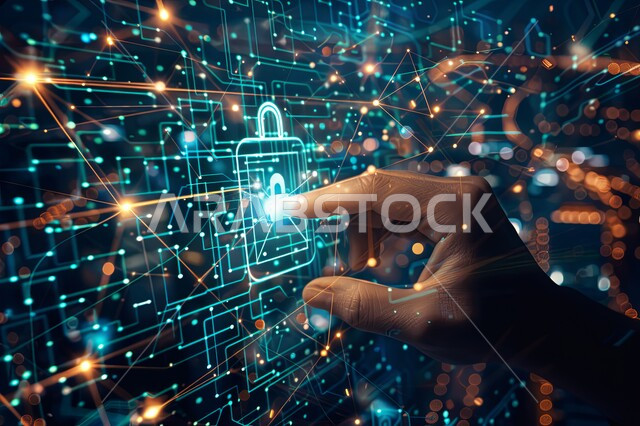 مفهوم أمن تكنولوجيا المعلومات, صورة مقربة ليد رجل عربي خليجي سعودي يقوم بالضغط على رمز القفل بتقنية الهولوجرام ثلاثية الابعاد، أيقونات الحواسيب وشبكات الانترنت, تطوير برامج قفل الشاشة، الحفاظ على البيانات الشخصية للمستخدمين