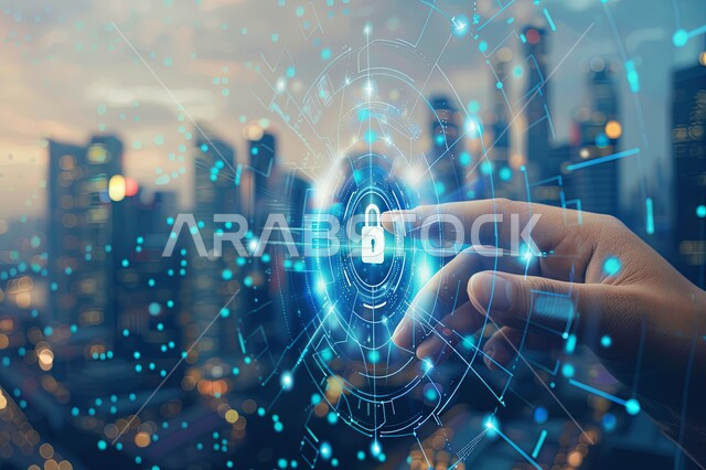 Maintaining users' personal data, IT security concept, Close-up of a Saudi Arabian Gulf man's hand pressing a 3D hologram lock icon, Computer and Internet icons, Screen lock software development