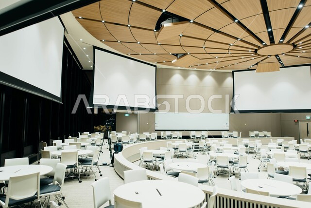 Halls for holding conferences, seminars and workshops, a spacious meeting hall, office rooms with luxurious interior designs and decorations, modern contemporary design for offices in Saudi companies