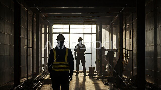 مهن ووظائف هندسية، الإشراف على سير خطة العمل، إنشاء الأساسات والهياكل للمشروعات السكنية، أعمال البناء والمقاولات والتطوير العقاري، تشييد المباني والمشاريع الضخمة، صورة ظلية لمهندسين عربيين خليجيين سعوديين يرتديان البدلة وخوذة الحماية يعملان في موقع البناء