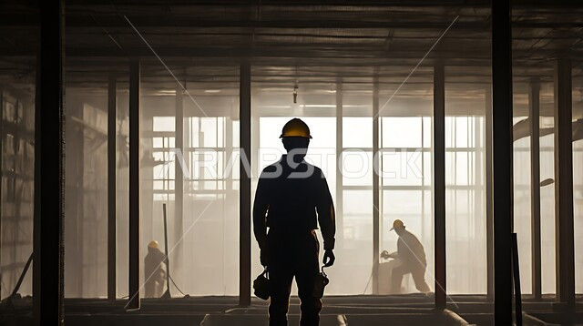 تشييد المباني والمشاريع الضخمة، إنشاء الأساسات والهياكل للمشروعات السكنية، أعمال البناء والمقاولات والتطوير العقاري، صورة ظلية لعامل عربي خليجي سعودي يعمل في موقع البناء