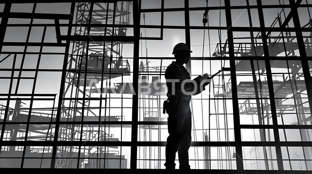 إنشاء الأساسات والهياكل للمشروعات السكنية، أعمال البناء والمقاولات والتطوير العقاري، تشييد المباني والمشاريع الضخمة، صورة ظلية لعامل عربي خليجي سعودي يعمل في موقع البناء
