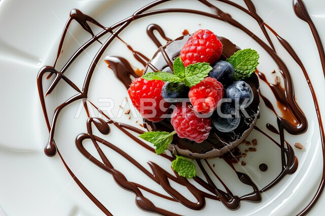  قطعة من كيكة الشوكولاتة الإسفنجية المزينة بالشوكولاته والكريمة والفواكه، حشوة كريمة الكاكاو الشهية، أطعمه وسكريات ذات سعرات حراريه عاليه، قطع الحلوى اللذيذة، حلويات طازجة مخبوزة في الفرن