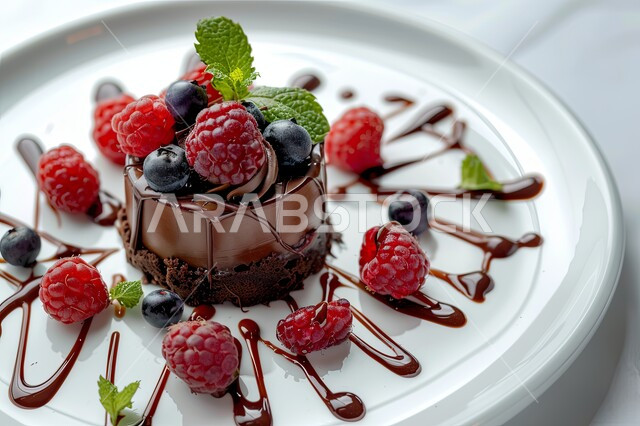  قطعة من كيكة الشوكولاتة الإسفنجية المزينة بالشوكولاته والكريمة والفواكه، حشوة كريمة الكاكاو الشهية، أطعمه وسكريات ذات سعرات حراريه عاليه، قطع الحلوى اللذيذة، حلويات طازجة مخبوزة في الفرن
